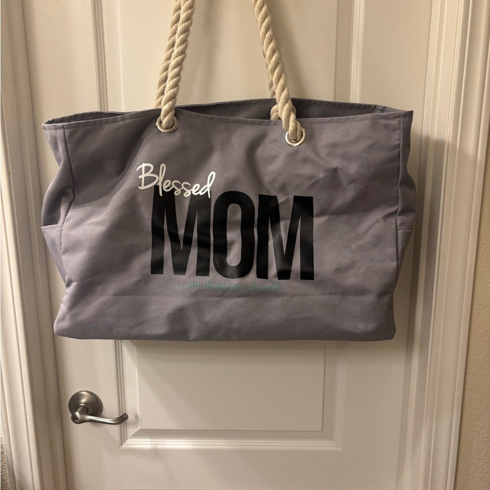 Gray 'Blessed Mom' Tote Bag
